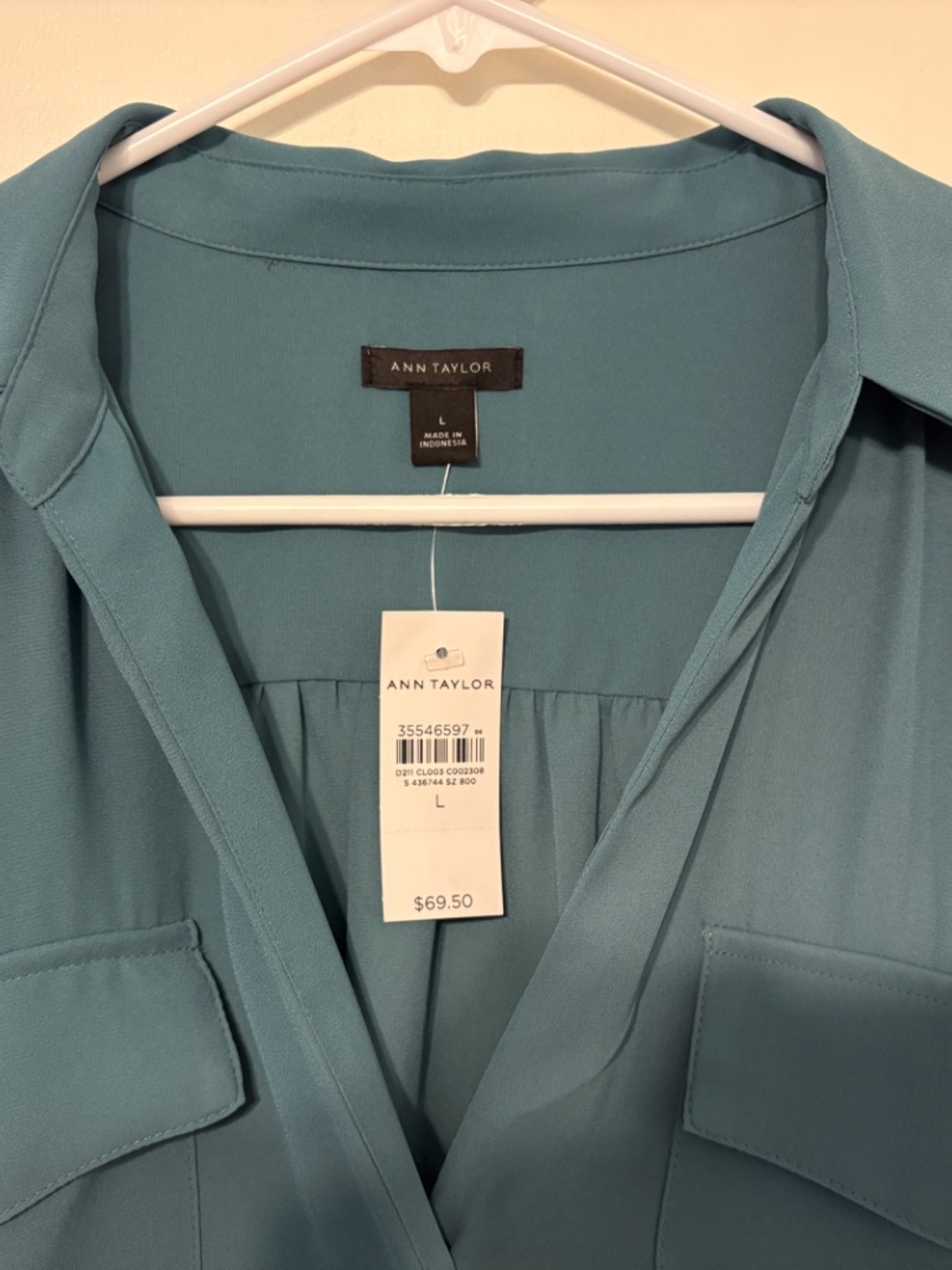 Ann Taylor Women's L/S Split-Neck Popover Camp Shirt Top Blouse L Teal NWT - Picture 3 of 9